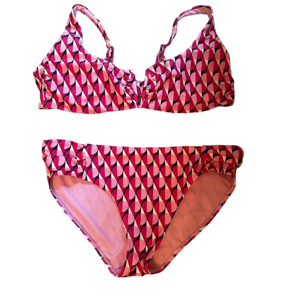 Time and Tru Two Piece Swim Suit Bikini Pink Geometric Print XL Top Large Bottom